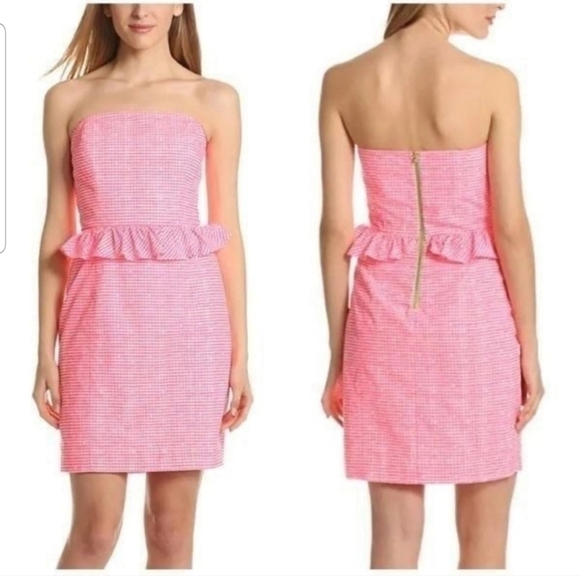 Lilly Pulitzer Lowe Fiesta Pink Pretty Gingham Strapless Peplum Dress Size 4 - Picture 1 of 15